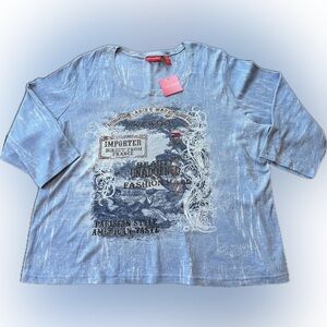 NWT Gloria Vanderbilt Parisian Embellished Blue/White Graphic T-Shirt, Size 2X